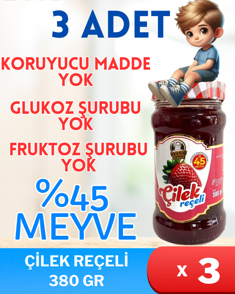 Çilek Reçeli 3 x 380 Gr %45 Meyve %100 Pancar Şekerli